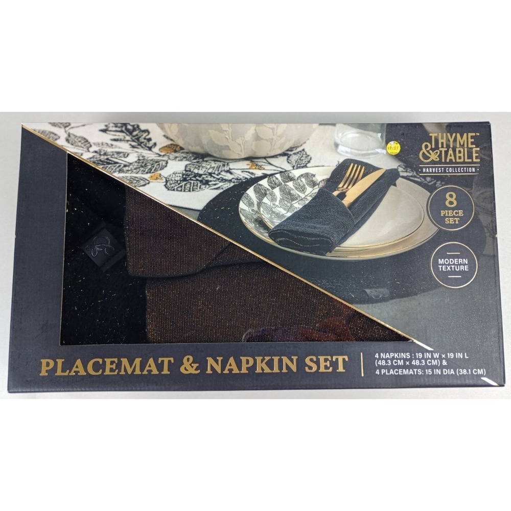 Thyme & Table Harvest Collection 8 Piece Placemat Napkin Set Black Gold